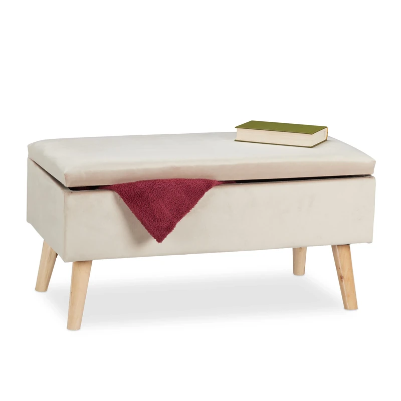 Relaxdays ottoman storage bench, velvet upholstery, 40 l capacity, padded seat, wooden legs, seating, cream furniture - Image 1