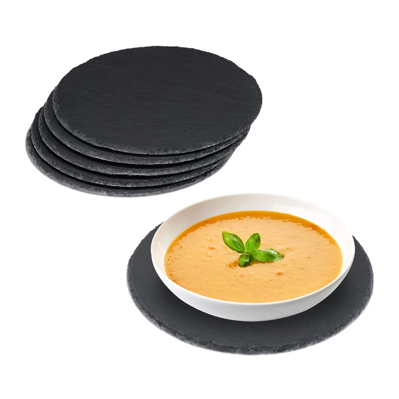 Relaxdays Slate Plates, Set of 6, Round Serving Platters, 25 cm Diameter, Cheese Board, Snacks, Sushi & Desserts, Grey