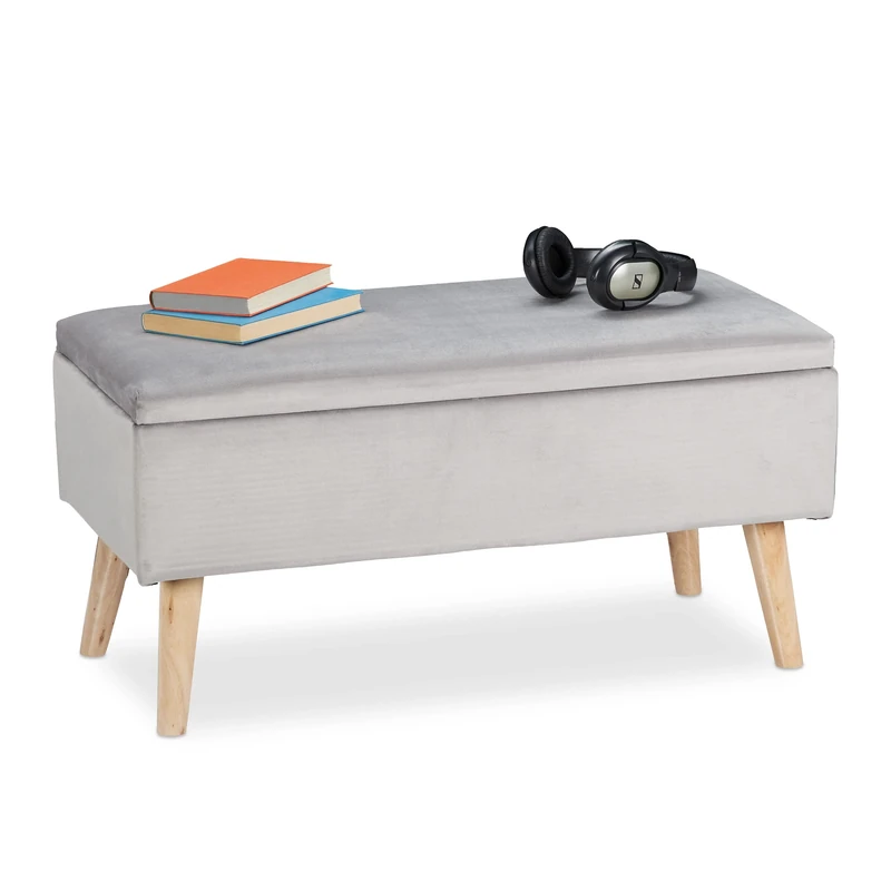 Relaxdays ottoman storage bench, velvet upholstery, 40 l capacity, padded, wooden legs, seating furniture, light grey