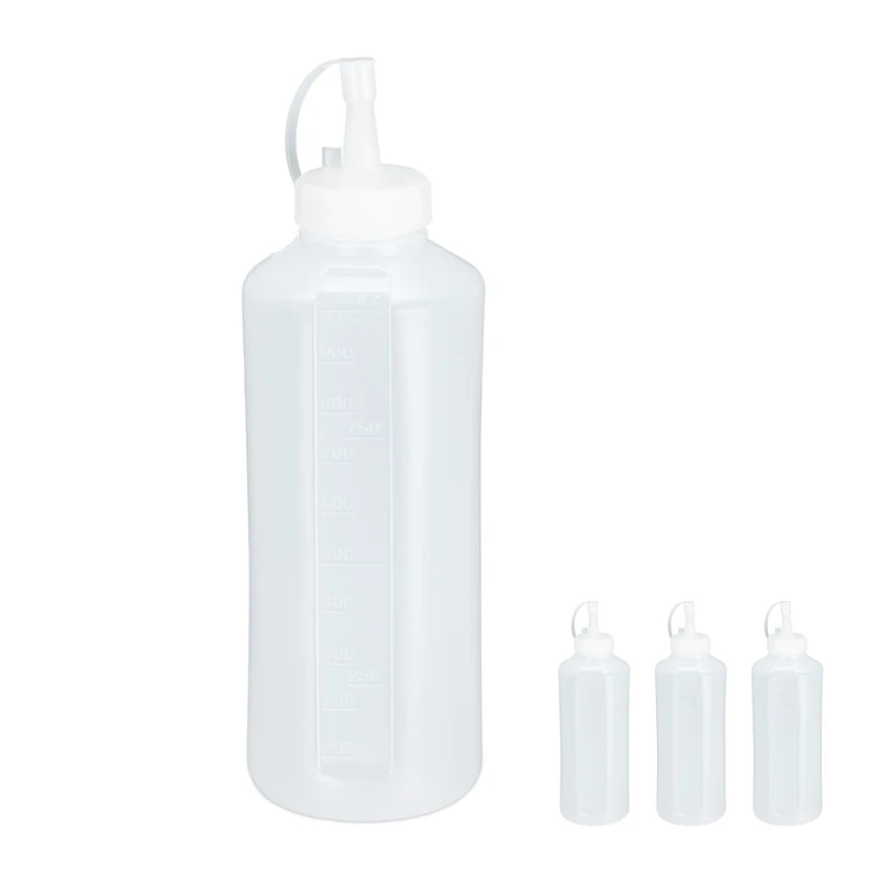 Relaxdays Squeeze Bottle, 4X Set, 1000ml Capacity, for Sauces, Refillable, for Ketchup, Mayo & Mustard, Plastic, Clear