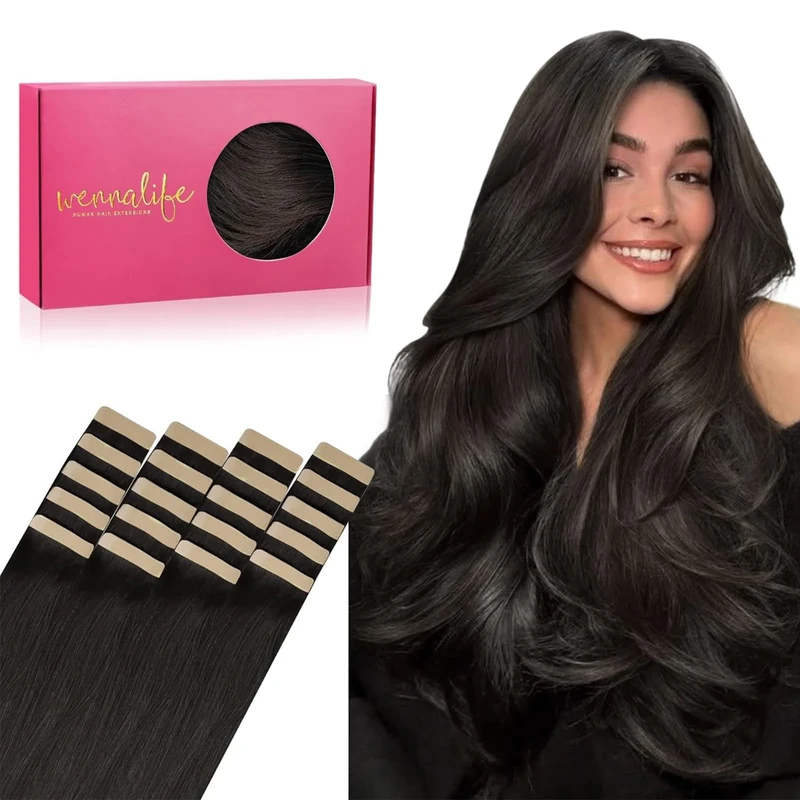 WENNALIFE tape Real Hair Extensions, 20 Pieces, 50 g, 50 cm/20 Inches, Dark Brown, Remy, Invisible Extensions, Silky Straight, Skin Weft