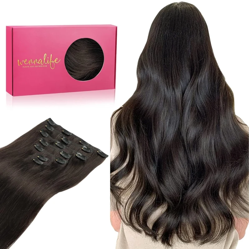 WENNALIFE Clip In Hair Extensions, 14 Inch 120g 7pcs Real Human Dark Brown Remy Hair
