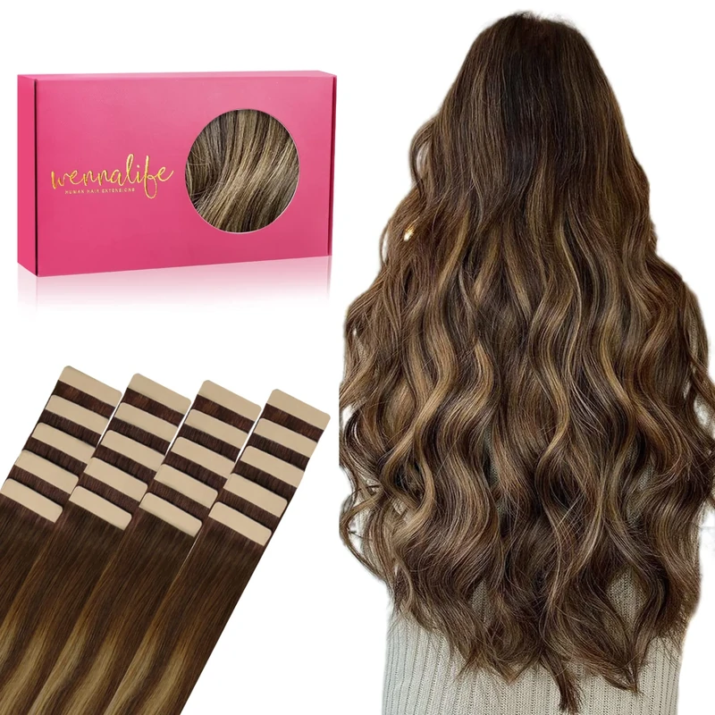 WENNALIFE Tape in Hair Extensions Human Hair, 20pcs 20 inch 50g Balayage Chocolate Brown to Caramel Blonde Remy Tape Hair Extensions Real Human Hair Tape Extensions Coloured Hair Extensions