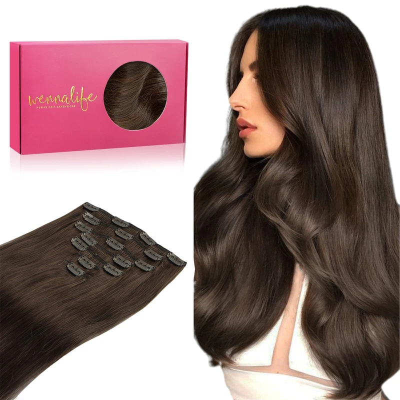 WENNALIFE Clip In Hair Extensions, 14 Inch 120g 7pcs Real Human Hair Chocolate Brown
