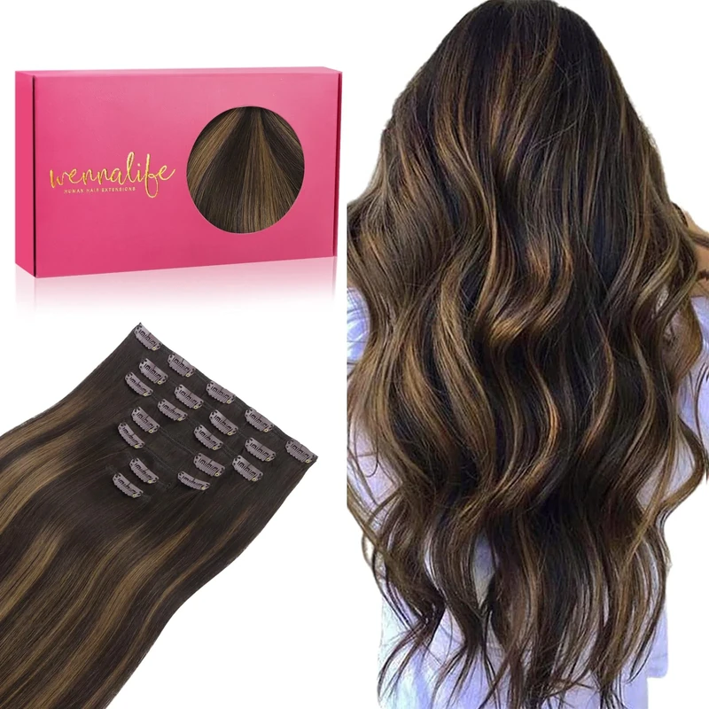 Wennalife Clip In Hair Extensions, 14 Inch 120g 7pcs Real Human Hair Balayage Dark Brown to Chestnut Brown Remy Coloured Clip In Hair Extensions