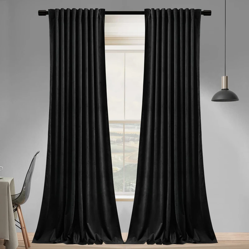 SNITIE Black 96 in Long Velvet Curtains with Back Tab and Rod Pocket Thermal Insulated Soft Privacy Light Filtering Velvet Drapes for Bedroom and Living Room, Set of 2 Panels, 52 x 96 Inches Long
