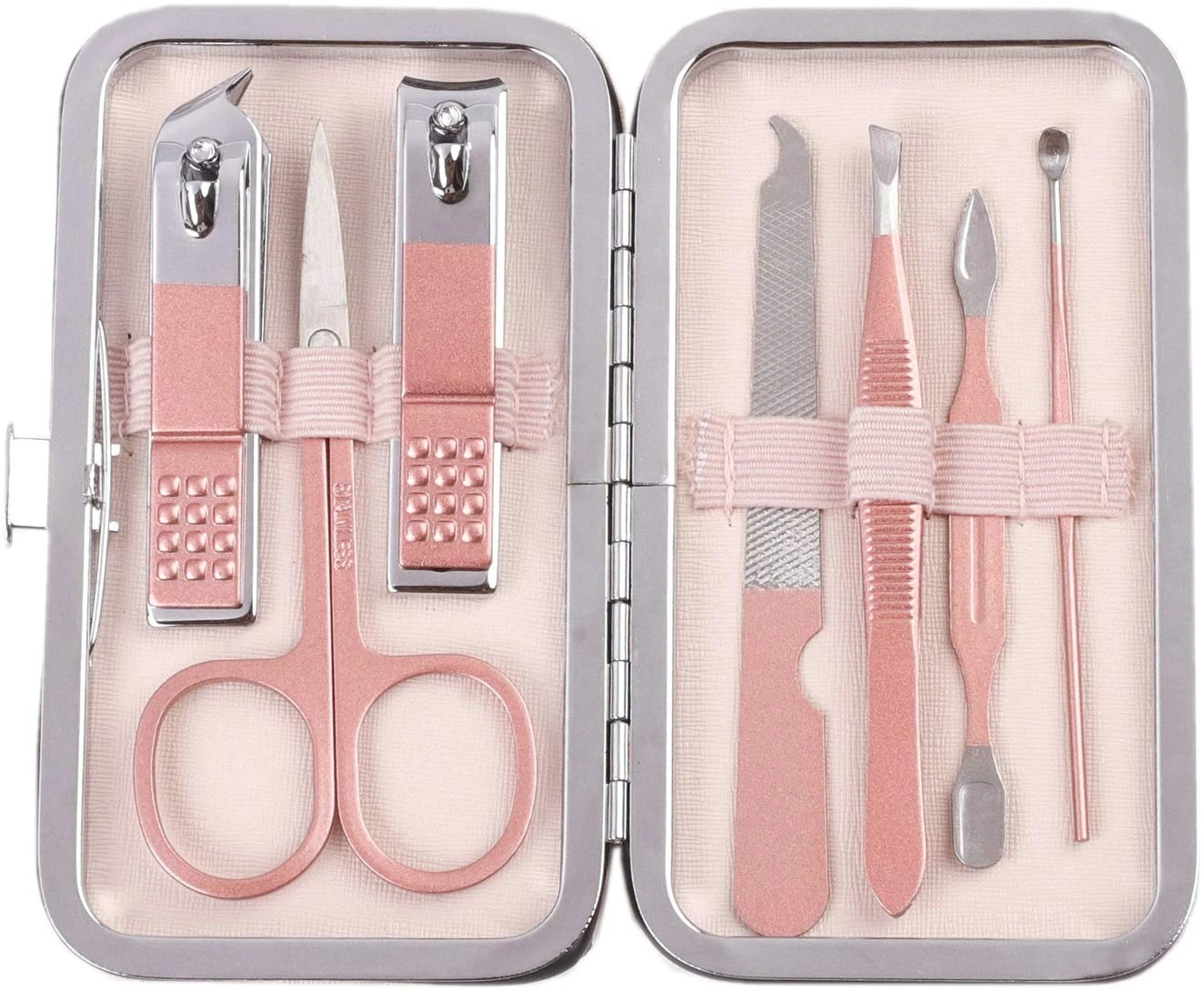 Manicure Pedicure Set Nail Clippers Kit 7 Pcs Stainless Steel Hygiene Kit Portable Nail Trimming set and Grooming Tools with Fine Leather Case [Gift Box] (Rose Gold-7pcs)