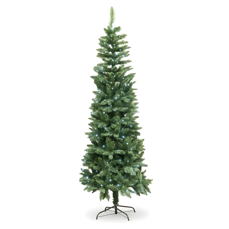 7Ft/2.1m Pre-Lit Green Christmas Tree Slim Tree Pine Narrow Xmas Tree, Pointed Tips, Metal Stand, Cool White LED Lights, Holiday Home Decorations