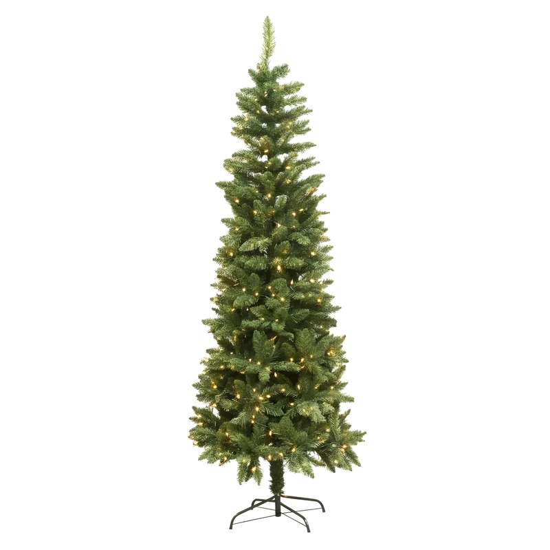 5Ft/1.5m Pre-Lit Green Christmas Tree Slim Tree Pine Narrow Xmas Tree, Pointed Tips, Metal Stand, Warm White LED Lights, Holiday Home Decorations