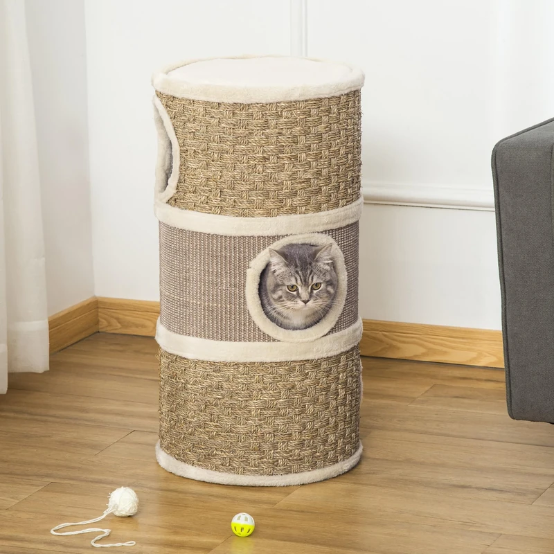 PawHut Cat Scratching Barrel Kitten Tree Tower with Sisal and Seaweed Rope
