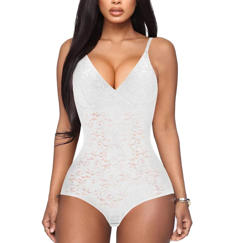 BRABIC Lace Bodysuit for Women Tummy Control Shapewear Sleeveless Tops V-Neck Backless Camisole Jumpsuit Shaper - white - Large