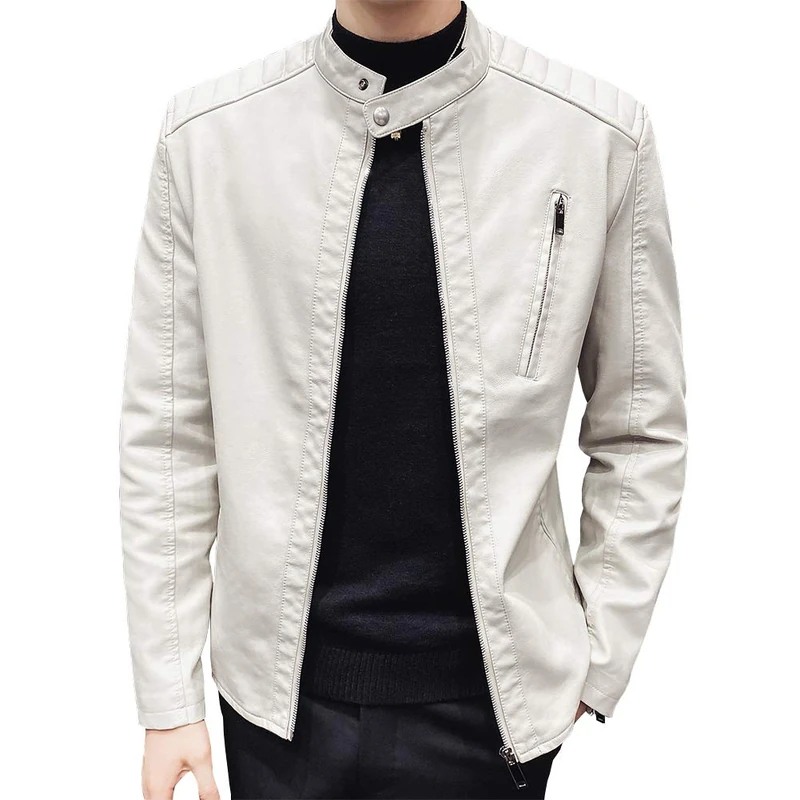Womleys Mens Casual Stand Collar Slim Fit Faux Leather Jacket Biker Motorcycle Jacket - off-white - Large