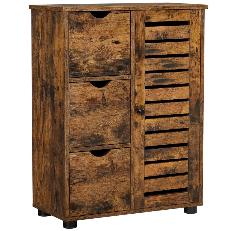 VASAGLE Bathroom Floor Cabinet, Wooden Storage Unit with 3 Drawers, Single Door with 2 Adjustable Shelves, for Living Room, Kitchen, Entryway, Rustic Brown BBK143X01