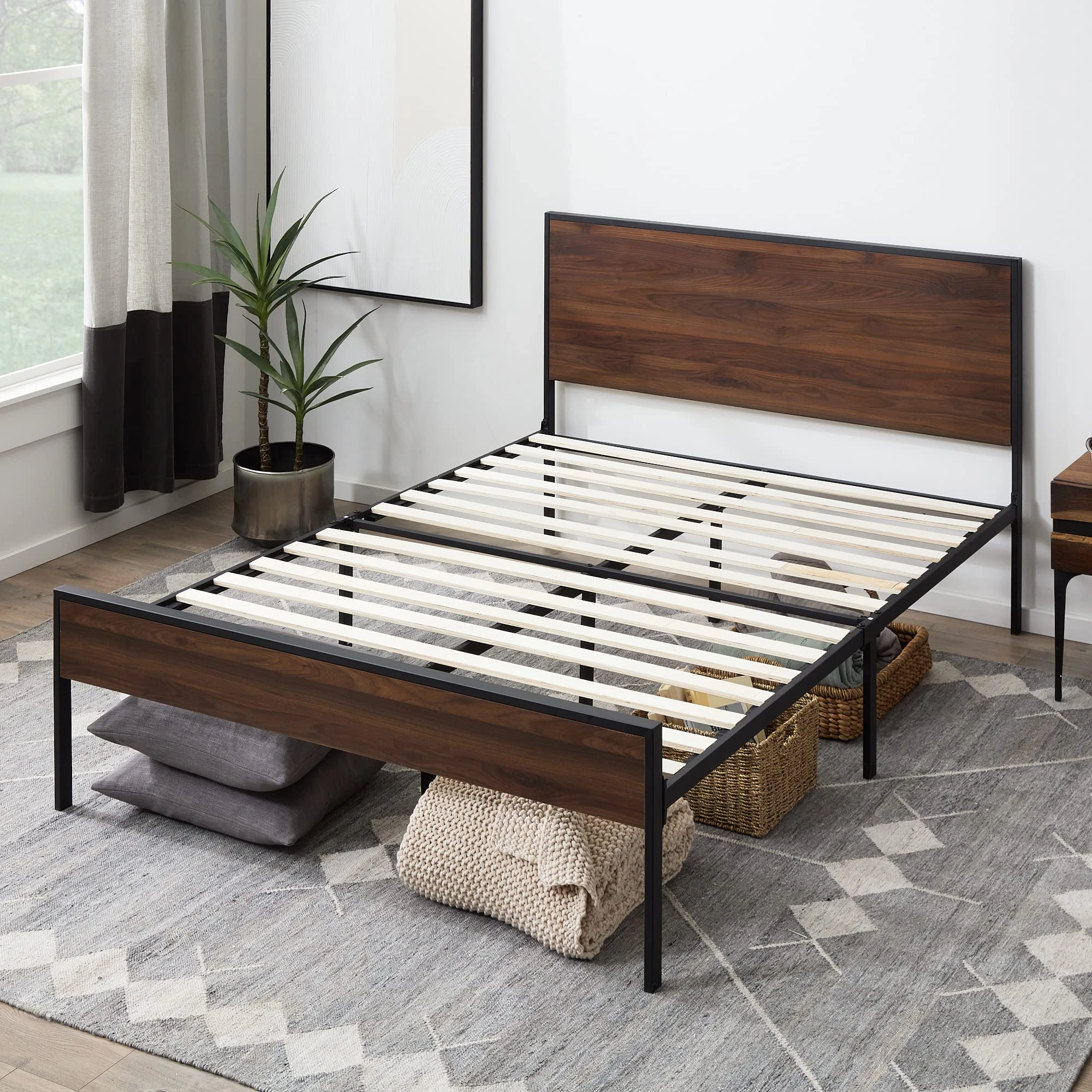 Edenbrook Bed Frame - Metal Platform Bed - Wood Headboard and Footboard - Box Spring Optional, Twin, Brown Oak