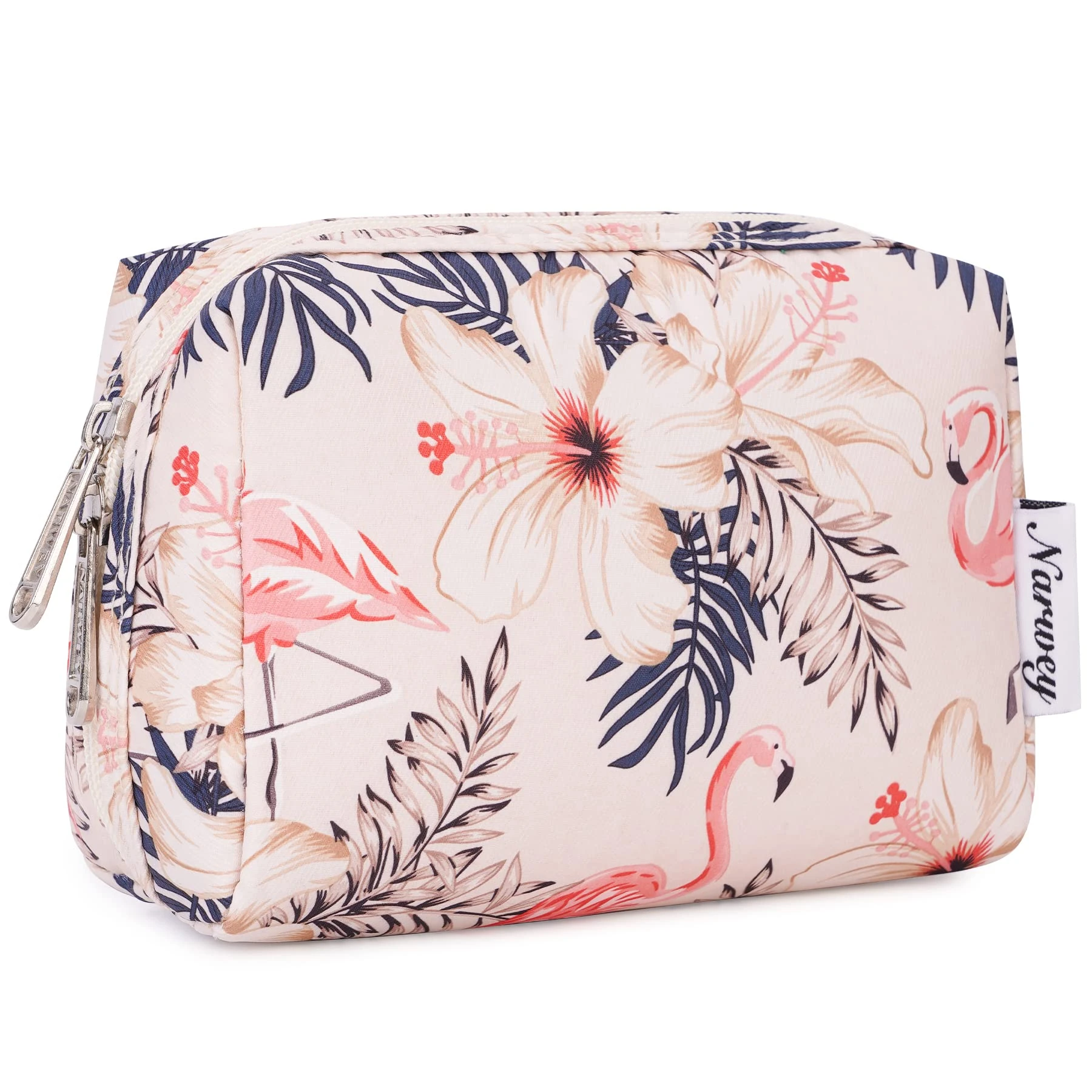Small Makeup Bag for Handbag Cute Cosmetic Bag Mini Makeup Pouch Travel Make up Bag for Purse (Beige Flamingo)