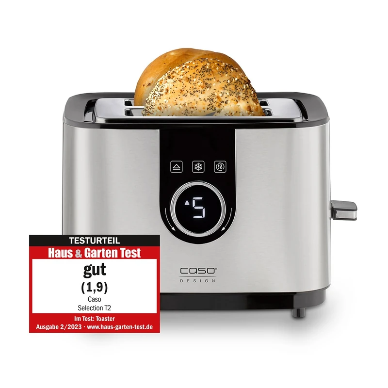 CASO Design Selection T2 Toaster, 2 Slot Toaster with 7 Browning Levels, Defrost and Rewarm Options, Crumb Drawer for Easy Cleaning, Self-Centring Slots