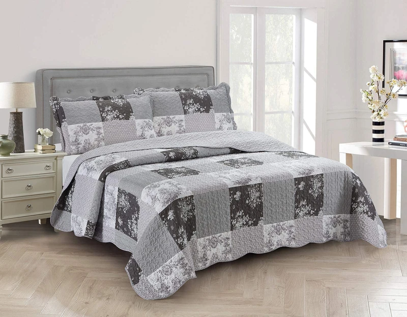 Brilliant Sunshine Grey Toile Floral Patchwork, 3-Piece Quilt Set with 2 Shams, Reversible Bedspread, Soft Lightweight Coverlet, All-Season, King, Grey