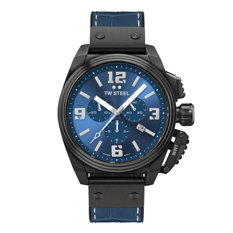 TW Steel New Canteen Men's 46mm Chronograph Quartz Watch with Leather Strap and Date Calendar, Blue, Strap - Image 1
