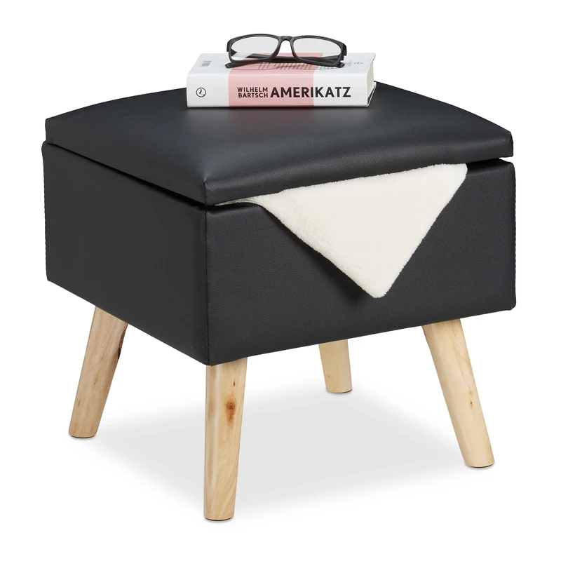 Relaxdays Ottoman with Storage Space, Imitation Leather Footstool, HWD: 40x40x40 cm, with Lid, Upholstered Seat, Black, Fibreboard