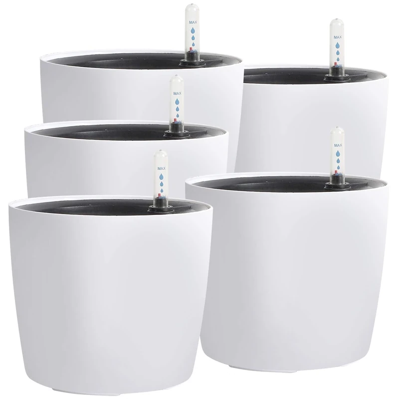 KINJOEK 5 Packs 7 Inch Self Watering Pot with Water Level Indicator, Modern Garden Decorative White Flower Pot, Flowers, African Violets, Succulents, White