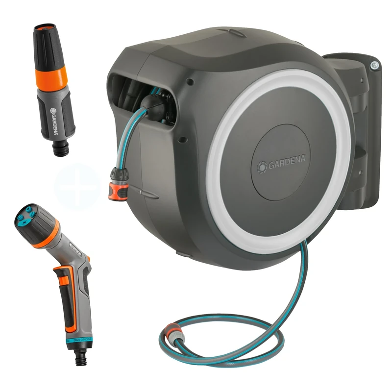 Gardena Wall-Mounted Hose Box Rollup L (White) 30 m Exclusively for Amazon: Swivelling Hose Box, Integrated Hose Guide, incl. 30 m Gardena Quality Hose, Cleaning Spray and Shower Head (18627-38)