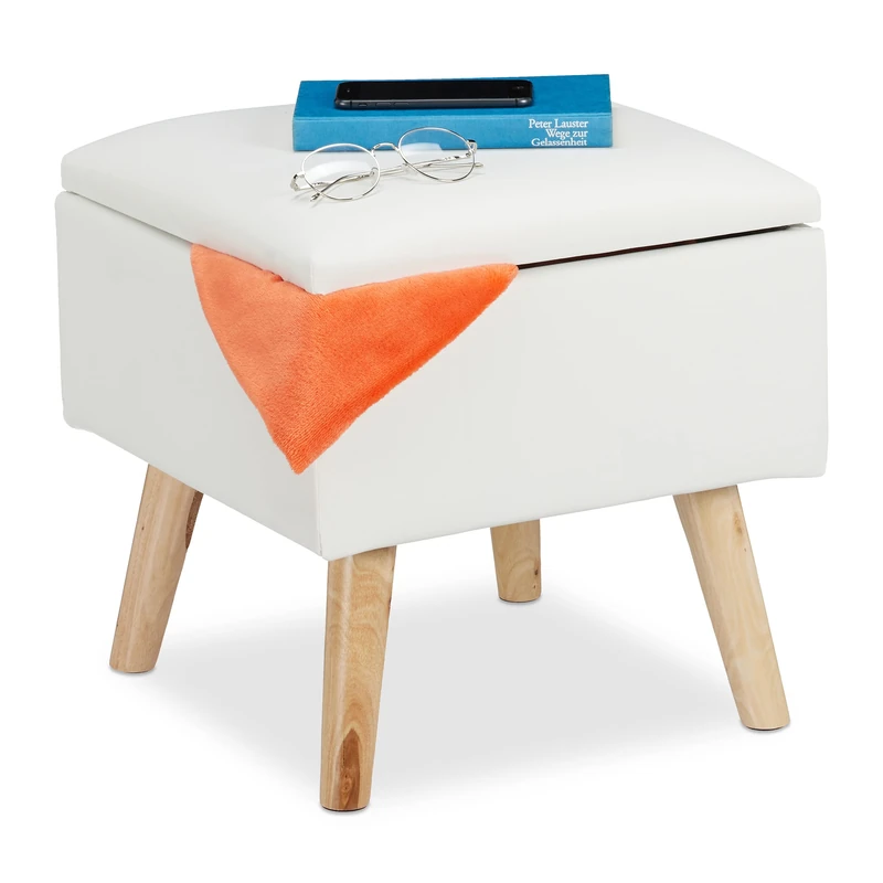 Relaxdays Ottoman with Storage Space, Imitation Leather Footstool, HWD: 40x40x40 cm, with Lid, Upholstered Seat, White, Fibreboard