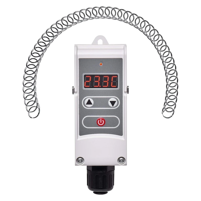 EMOS Stack thermostat with adjustable switching sensitivity, coil spring and digital display, pipe insertion thermostat, adjustment range 5 °C to 80 °C.