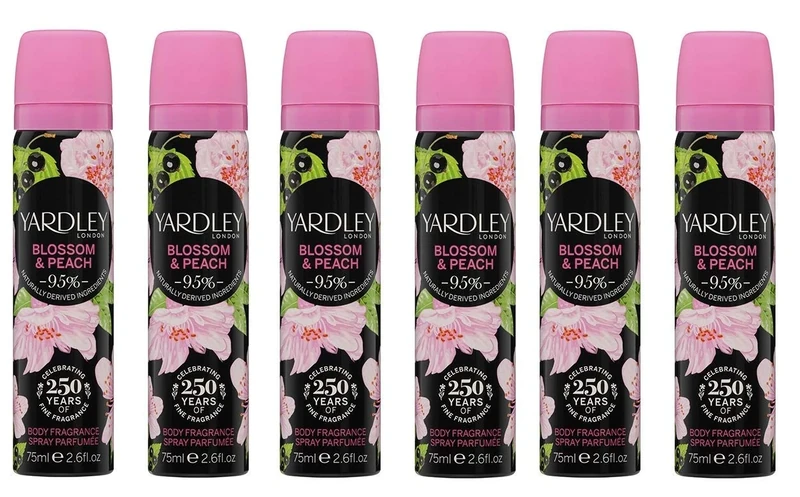Pack of 6, Yardley Of London Blossom & Peach Deodorising Body Spray 75ml