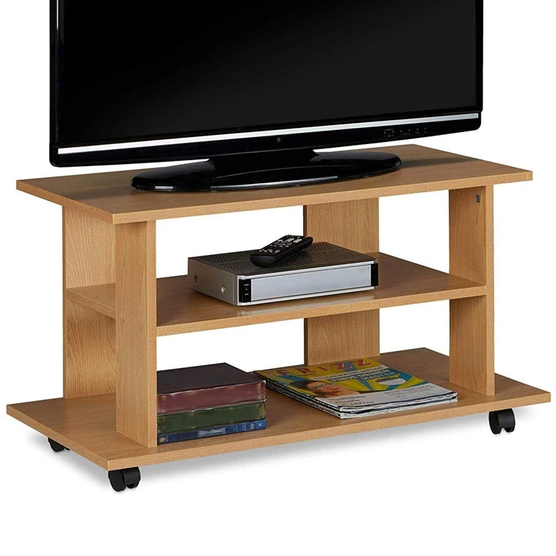 BAKAJI MDF Wood TV Cabinet with 2 Shelves for Video Games DVD and 4 Wheels Cabinet Trolley TV Stand Modern Design Size 80 x 40 x 45 cm (Oak)