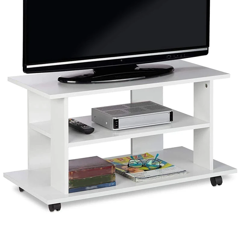 BAKAJI MDF Wood TV Cabinet with 2 Shelves Door Video Game Console DVD and 4 Wheels Furniture Trolley TV Stand Modern Design Size 80 x 40 x 45 cm (White)