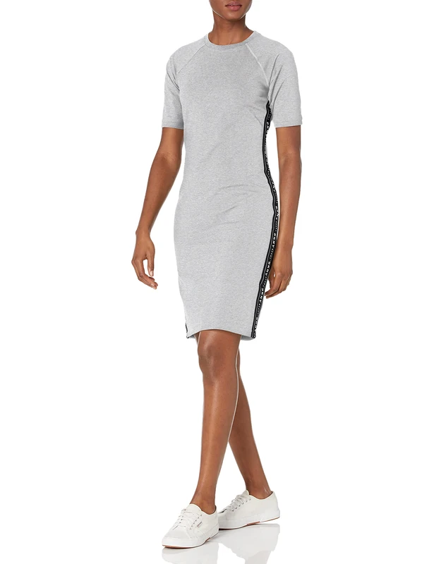 DKNY Mens Crew Neck T-Shirt with Logo Taping Casual Dress, Pearl Grey Heather with Black/White Logo Tape, XL UK