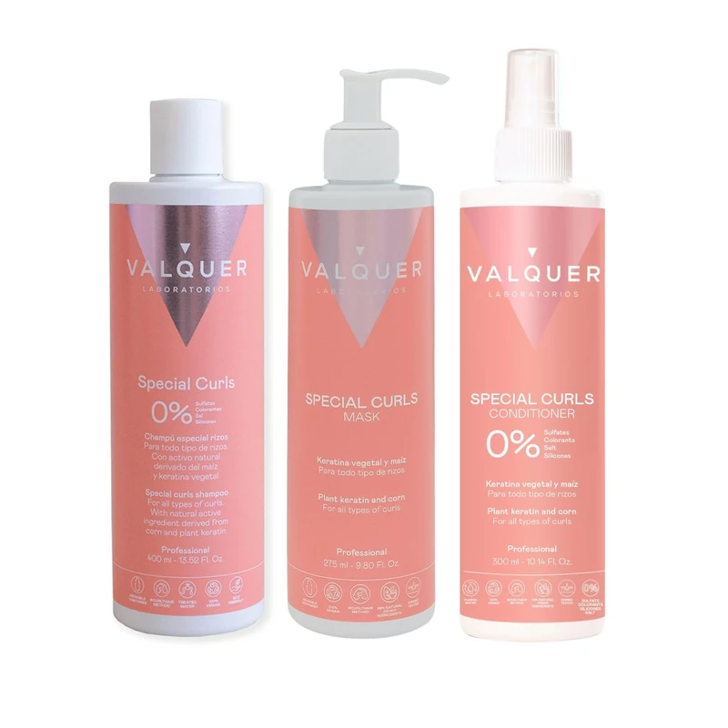 Valquer Special Pack Curls Shampoo 400 ml, Mask 275 ml and Conditioner 300 ml. Treatment of Curly Hair Curly Method Defined Curls. Moisturizes and Softens with Vegetable and Corn Keratin. Vegan