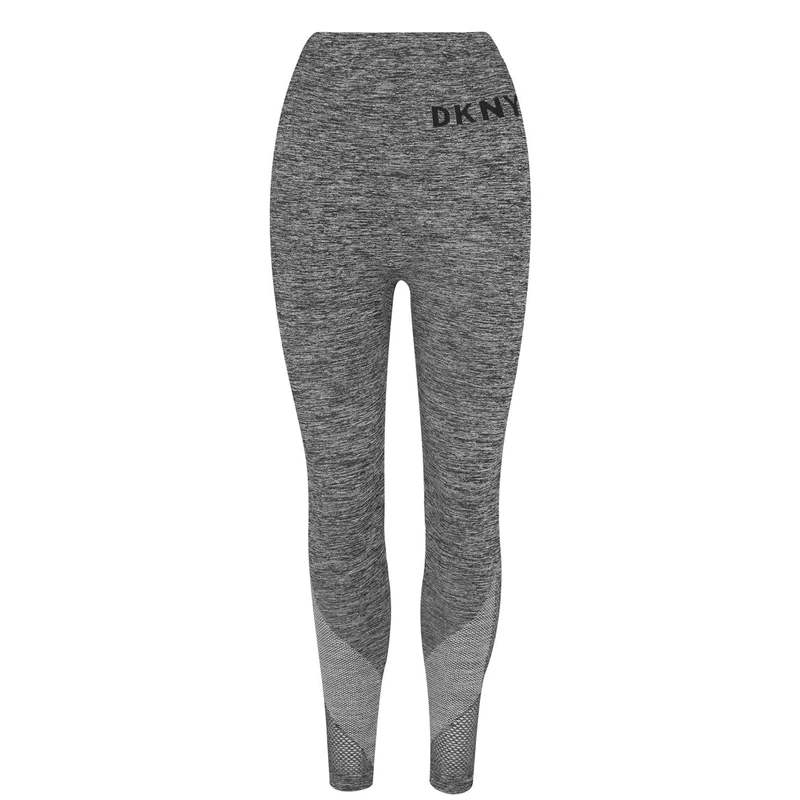 DKNY Women's Tummy Control Workout Yoga Leggings, Heather Grey Seamless Tight with Black Logo, S