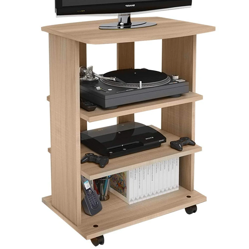 BAKAJI MDF Wooden TV Cabinet with 3 Shelves Video Game Console DVD and 4 Wheels Cabinet for TV Television Modern Design Size 60 x 45 x 80.5 cm (Oak)