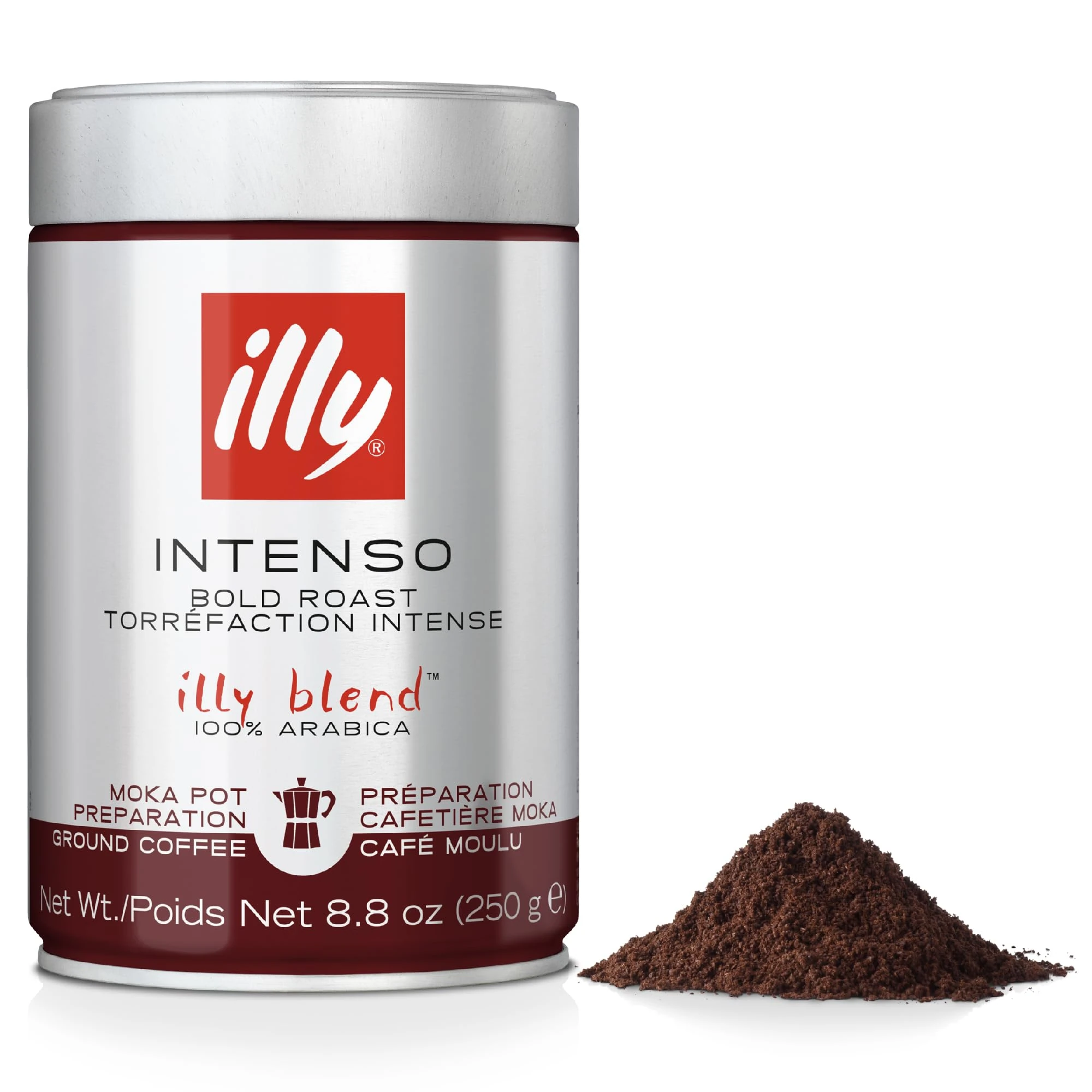illy Intenso Ground Coffee, Dark Roast, 100% Arabica, Ideal for Moka Pots, 250g Tin