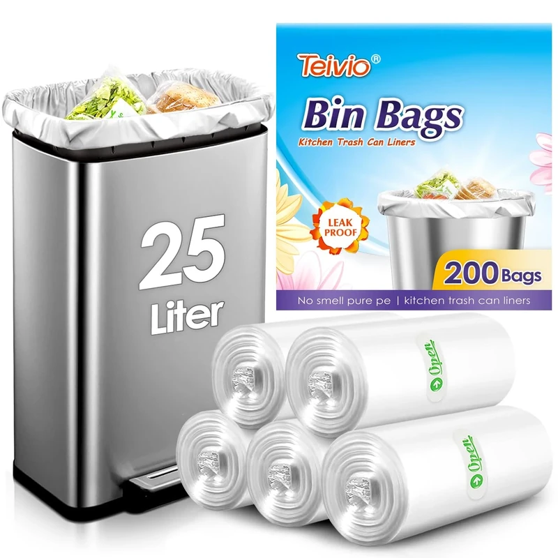 Teivio 25 Liter 200 Counts Strong Pedal Bin Liners, fit 5-6 Gal Garbage Bags, Bathroom Waste Bin Liners, Small Plastic Trash Can Bags for home office kitchen, Clear