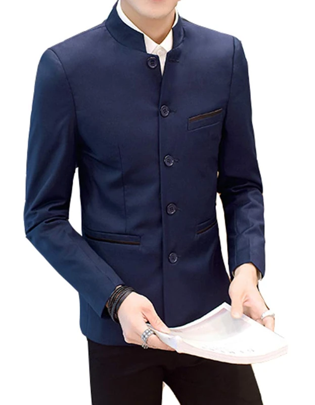 Men's Chinese Tunic Suits Mandarin Collar Formal Jacket Slim Fit Front Button Blazer Traditional Uniform Groom Dress, Navy, Medium