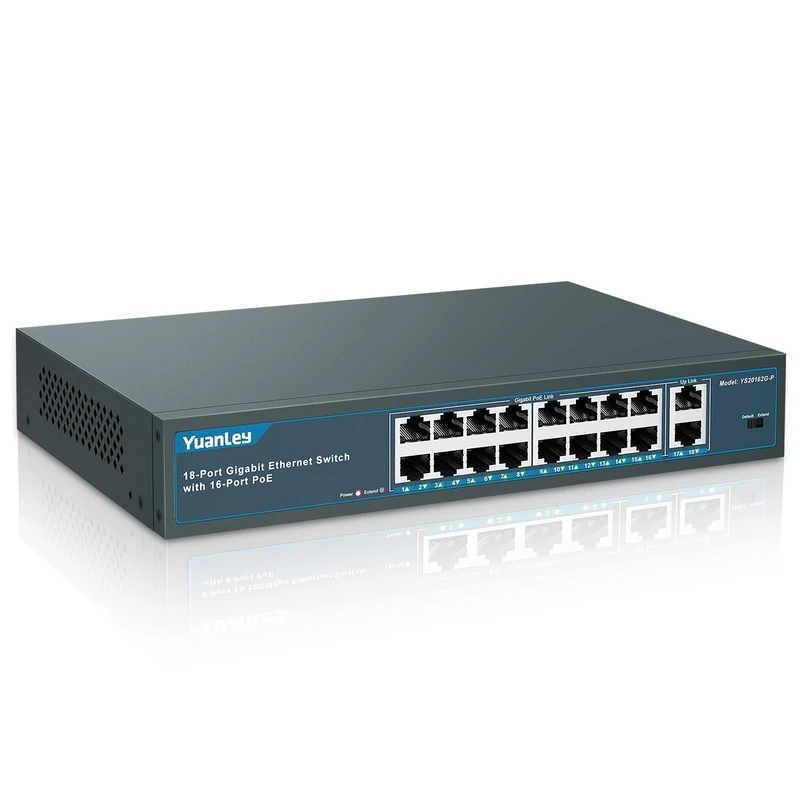 YuanLey 18 Port Gigabit PoE Switch, 16 PoE+ Port 1000Mbps, 2 Gigabit Uplink, 250W 802.3af/at, Metal Desktop/Rackmount, Unmanaged Plug and Play Network Switch