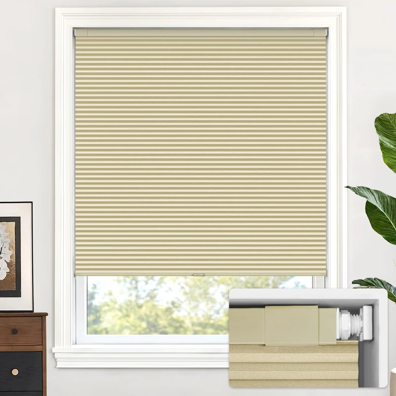 LazBlinds Cordless Cellular Shades, No Tools No Drill Blackout Honeycomb Shades Pleated Blinds for Windows, 34" W x 64" H, Soft Cream