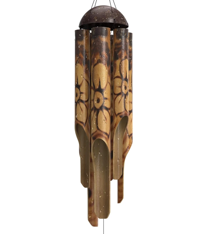 Nalulu Rustic Bamboo Wind Chimes - Outdoor Wooden Windchimes, Large, Floral Burned Design with Coconut Crown, Handcrafted with Calming Deep Tones, Ideal Home Decor - Image 1