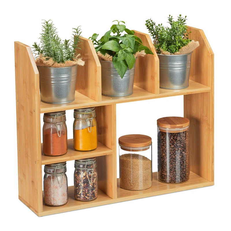 Relaxdays Bamboo Shelf, 6 Compartments, HxWxD: 45.5 x 55 x 16 cm, Standing, for Kitchen, Bathroom & Living Room, Natural
