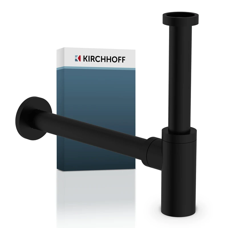 KIRCHHOFF Design Siphon, Matt Black Drain, Drain Fitting for Sink and Washbasin, Odour Trap with Cleaning Hole, Bottle Trap, Drain Pipe, 98166220, Small