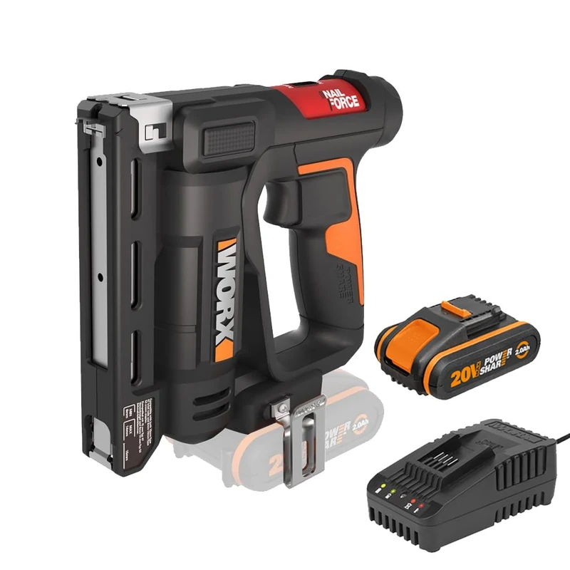 WORX 20V Cordless Crown Stapler WX843, Powershare, 2-in-1, 2000 Shots Per Charge, 500pcs Type 53 Crown Staples, 15mm 18 Gauge Brad Nails,1 2Ah Battery, 1 2A Charger Included