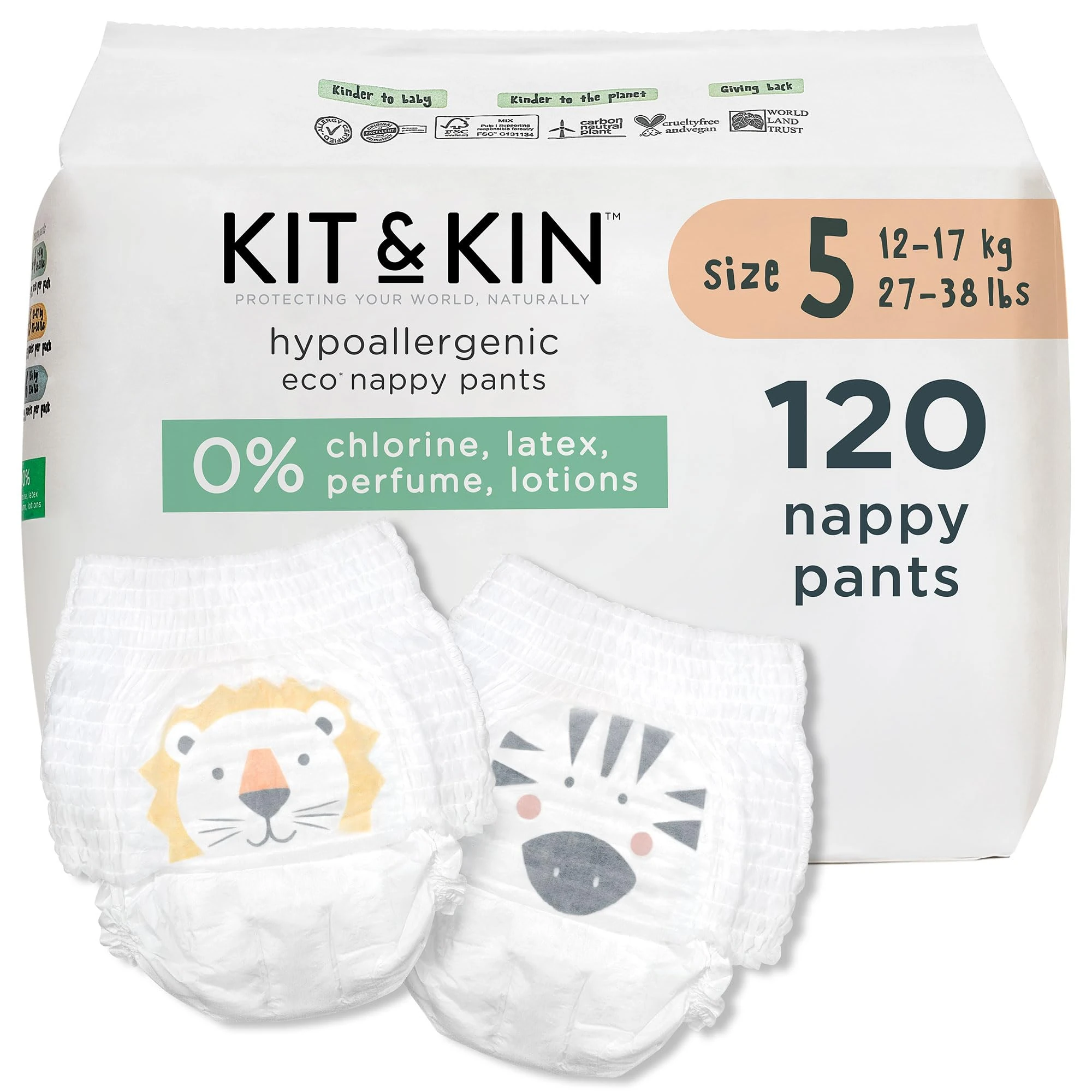 Kit & Kin Premium Eco Nappy Pants Size 5 | 12-17 kg / 27-38 lbs | Maxi Pull Ups | 6 Packs / 120 Pants | Hypoallergenic & Sustainable | Vegan & Chlorine-Free | Superior up to 12 Hour Leak Protection
