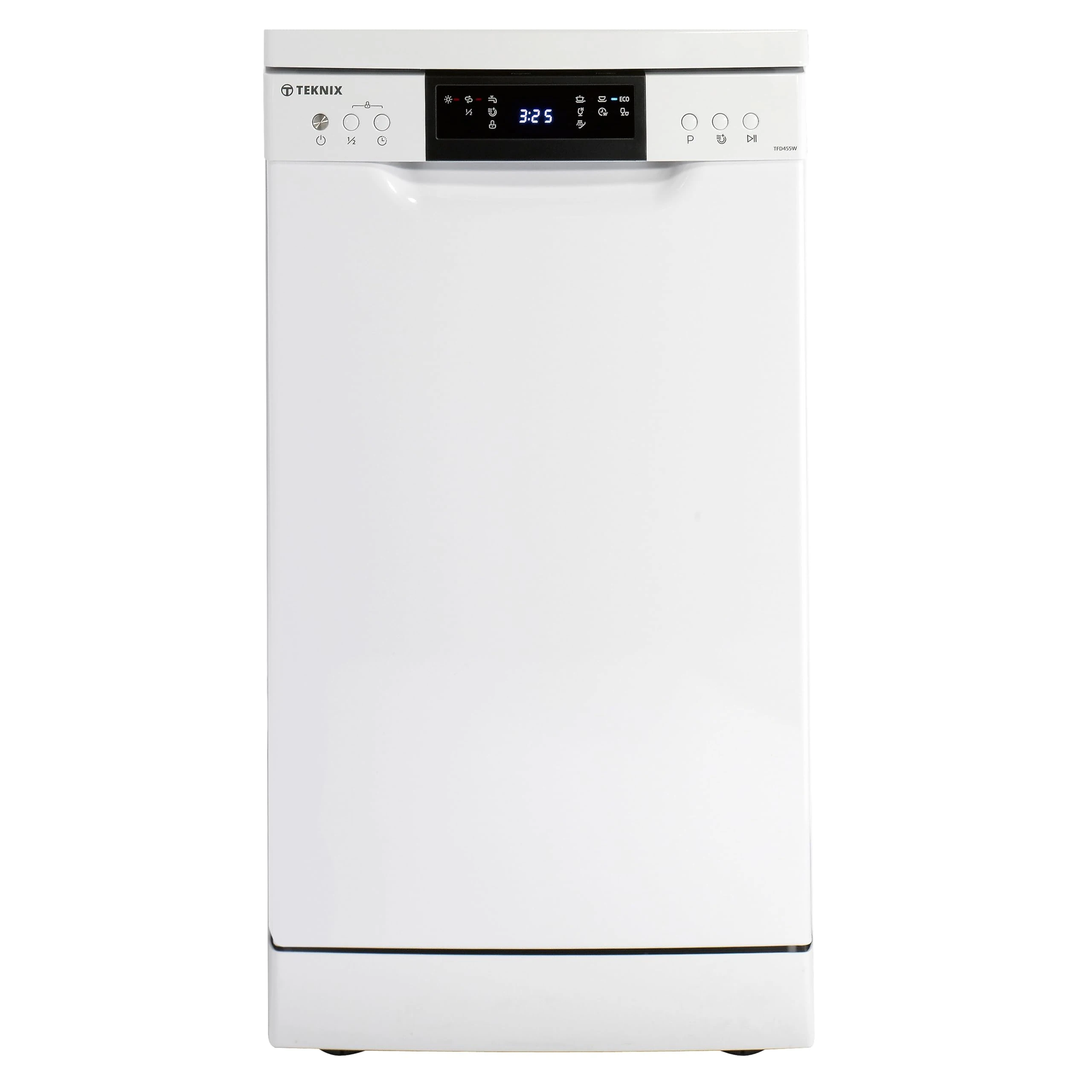 Teknix TFD455W Freestanding Slimline Dishwasher - 10 Place Settings - 30 Minute Rapid Clean - Extra Dry Function - White, H84.5 x W45.0 x D60.0 (cm)