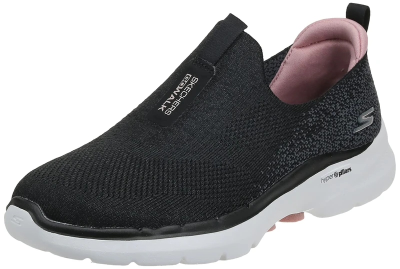 Skechers Women's GO Walk 6 Glimmering Sneaker, Black Textile/Pink Trim, 3 UK