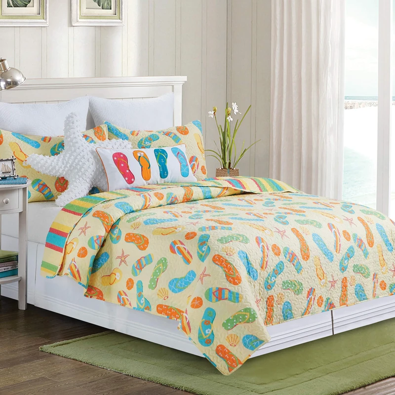C&F Home Sunny Splash Flip Flops Twin 2 Piece Quilt Set with 1 Sham All Season Reversible Lightweight Microfiber Summer Beach Ocean Coastal Bedspread Coverlet Twin Orange