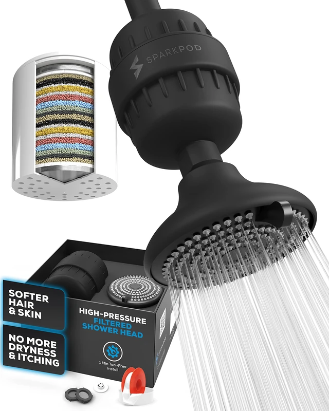 SparkPod High Pressure Shower Head with Filters, Rejuvenates Skin and Hair (Reduces Eczema and Dandruff), Removes Chlorine, Fluoride, Heavy Metals and Impurities, 1 Minute Installation, Matte Black - Image 1