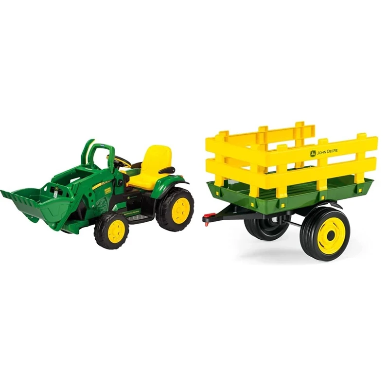 Peg Perego Children's 12V John Deere Ground Loader Electric Tractor, Green & Yellow & Children's John Deere Stake-Side Trailer, Green & Yellow