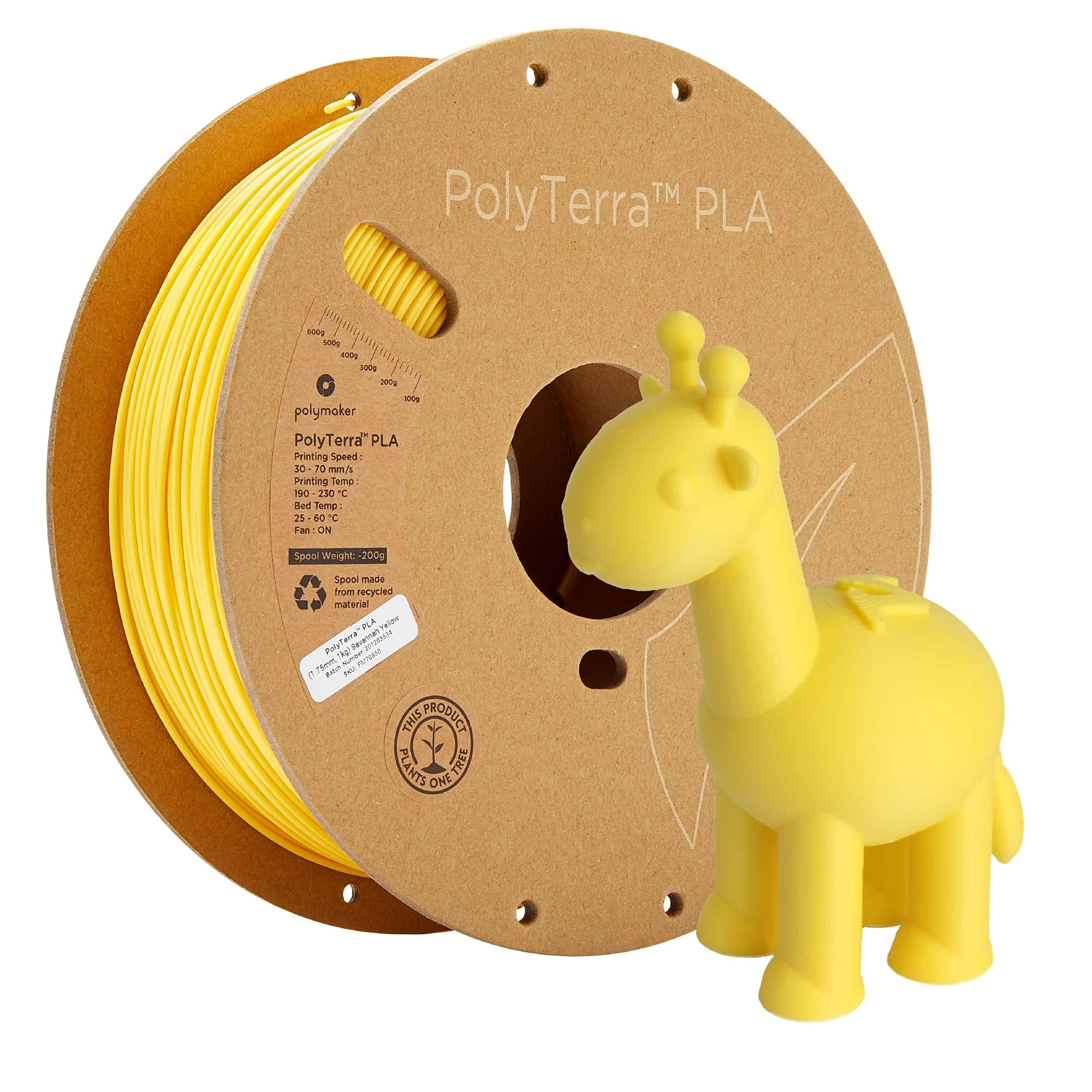 Polymaker 70850 PolyTerra PLA Filament PLA Lower Plastic Content 1.75 mm 1000 g Yellow (Matte) Pack of 1